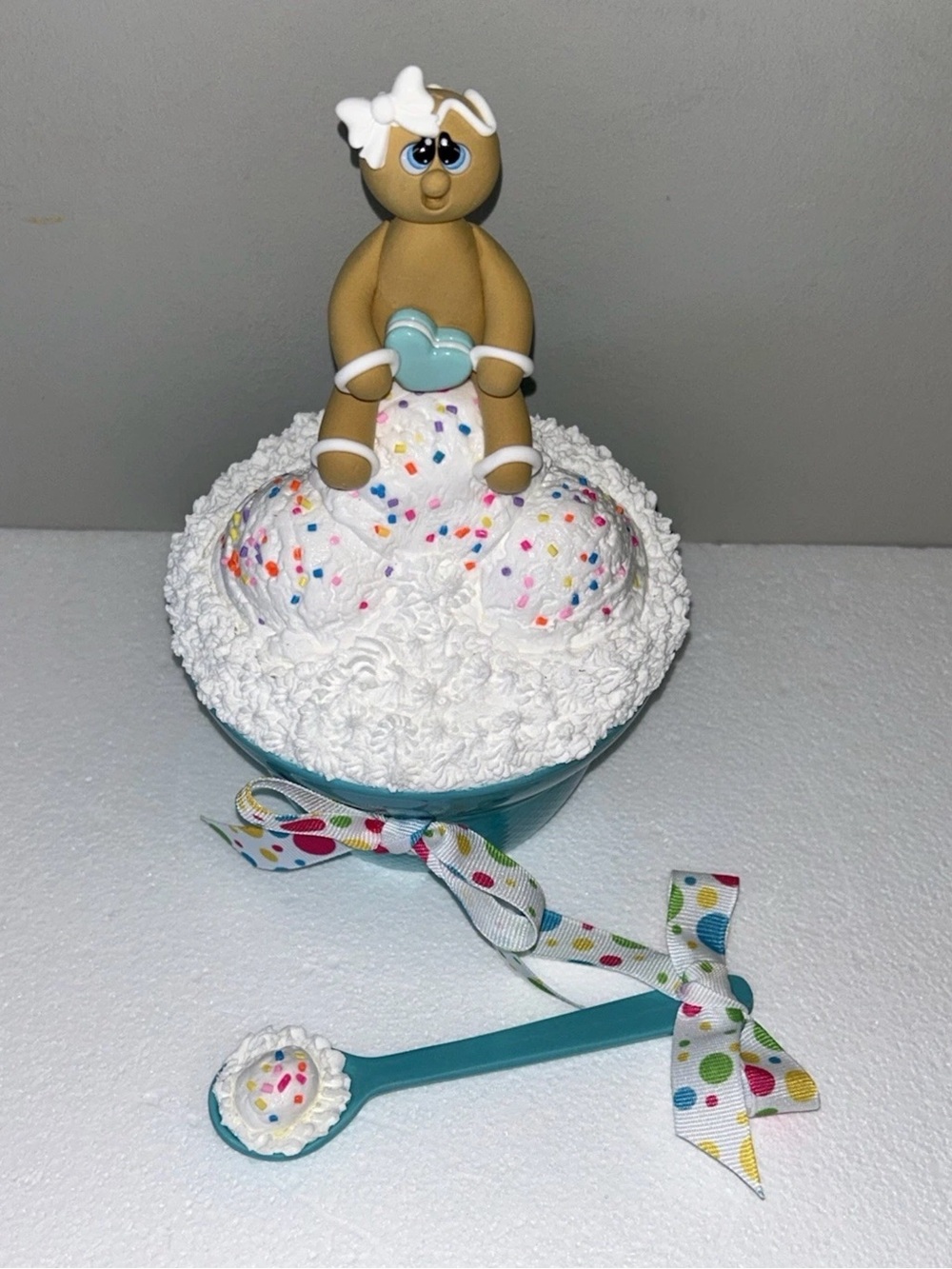 Fake Gingerbread Ice Cream Dessert Bowl Display Handmade Teal